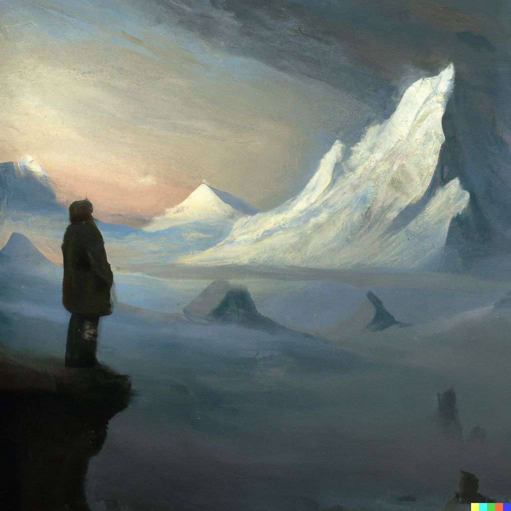 someone gazing at Mount Everest, painting by Caspar David Friedrich